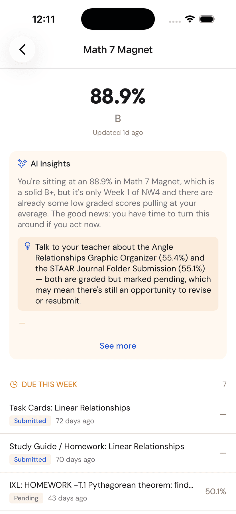 AI insights showing due assignments